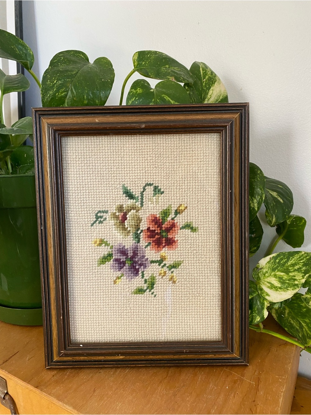 Vintage Handmade Framed Floral Cross Stitch Artwork - Multicolor